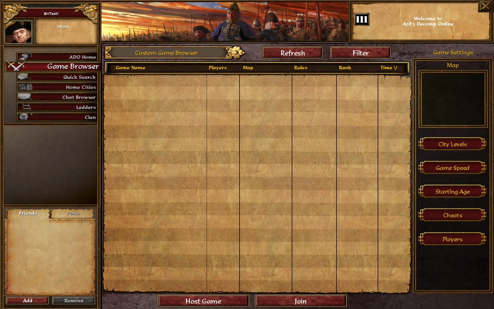 The AoE3 Decomp Online game browser in the modded macOS build: the game's own Custom Game Browser, served by the community server's game list (gameservice4). Empty for now: host a game and it appears here for every signed-in player.
