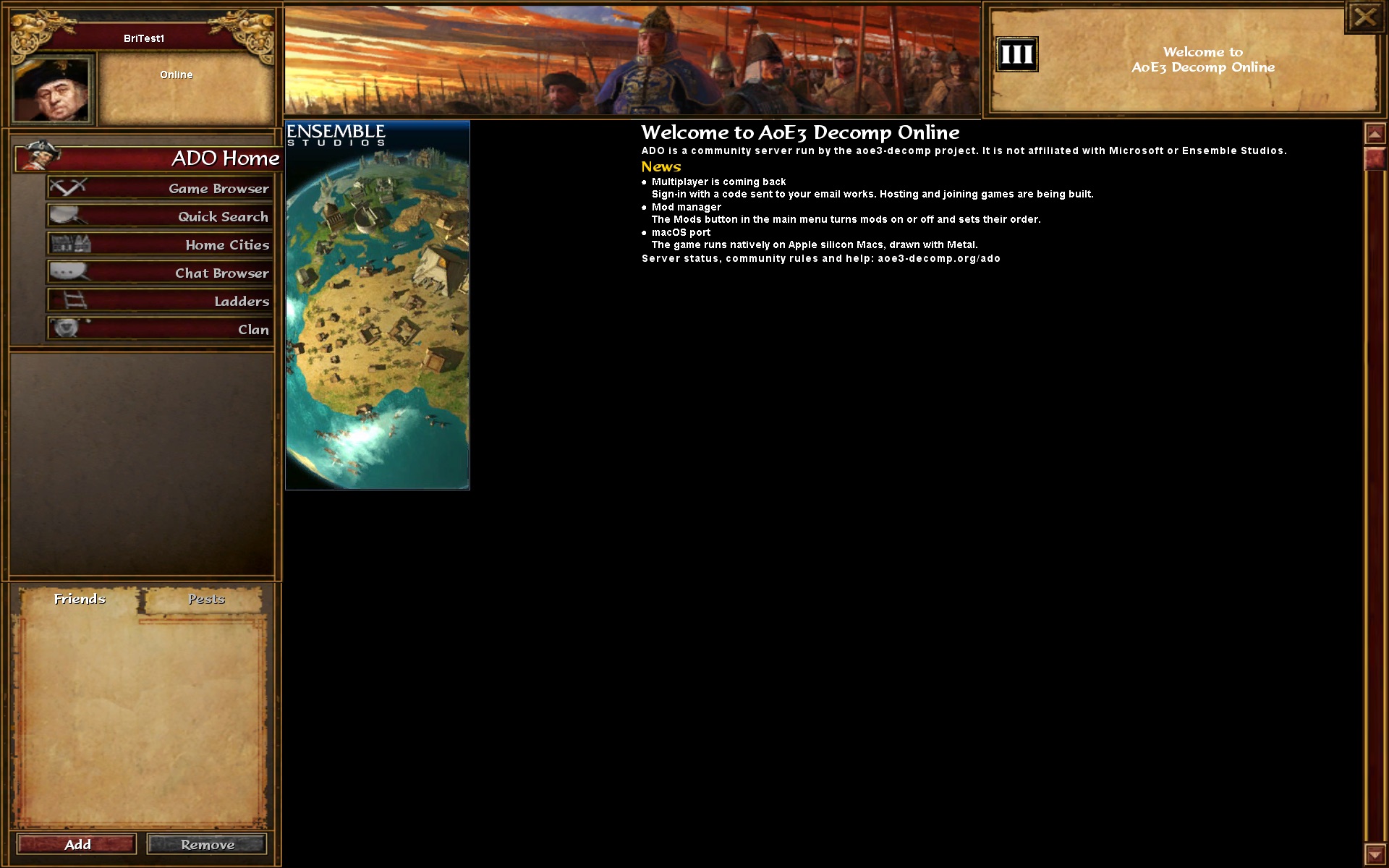 ADO Home on macOS with the multiplayer mod: signed in to AoE3 Decomp Online, the home panel now draws our own page (welcome, news), served by the mod as a loose uihomepage.xml.
