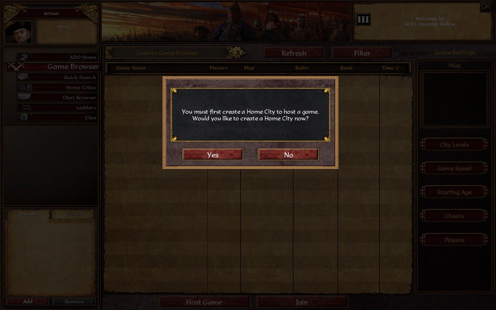 Host Game on AoE3 Decomp Online asks for an online Home City first, as ESO did: the community server's home city service (homecity2) is the next piece to build.