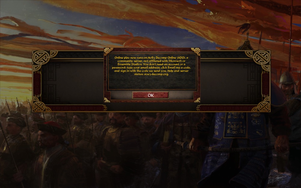 The game's ESO account notice, reworded by the multiplayer mod through its string-table overlay: online play now runs on AoE3 Decomp Online, a community server not affiliated with Microsoft or Ensemble Studios, signed in with an emailed code. The unmodded build keeps the original text.