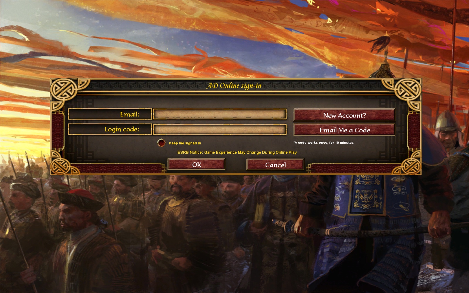 The AD Online sign-in dialog of the multiplayer mod: the game's own ESO login dialog, relabelled by element patches for email-code sign-in (Email, Login code, Email Me a Code, Keep me signed in). No usernames or passwords.