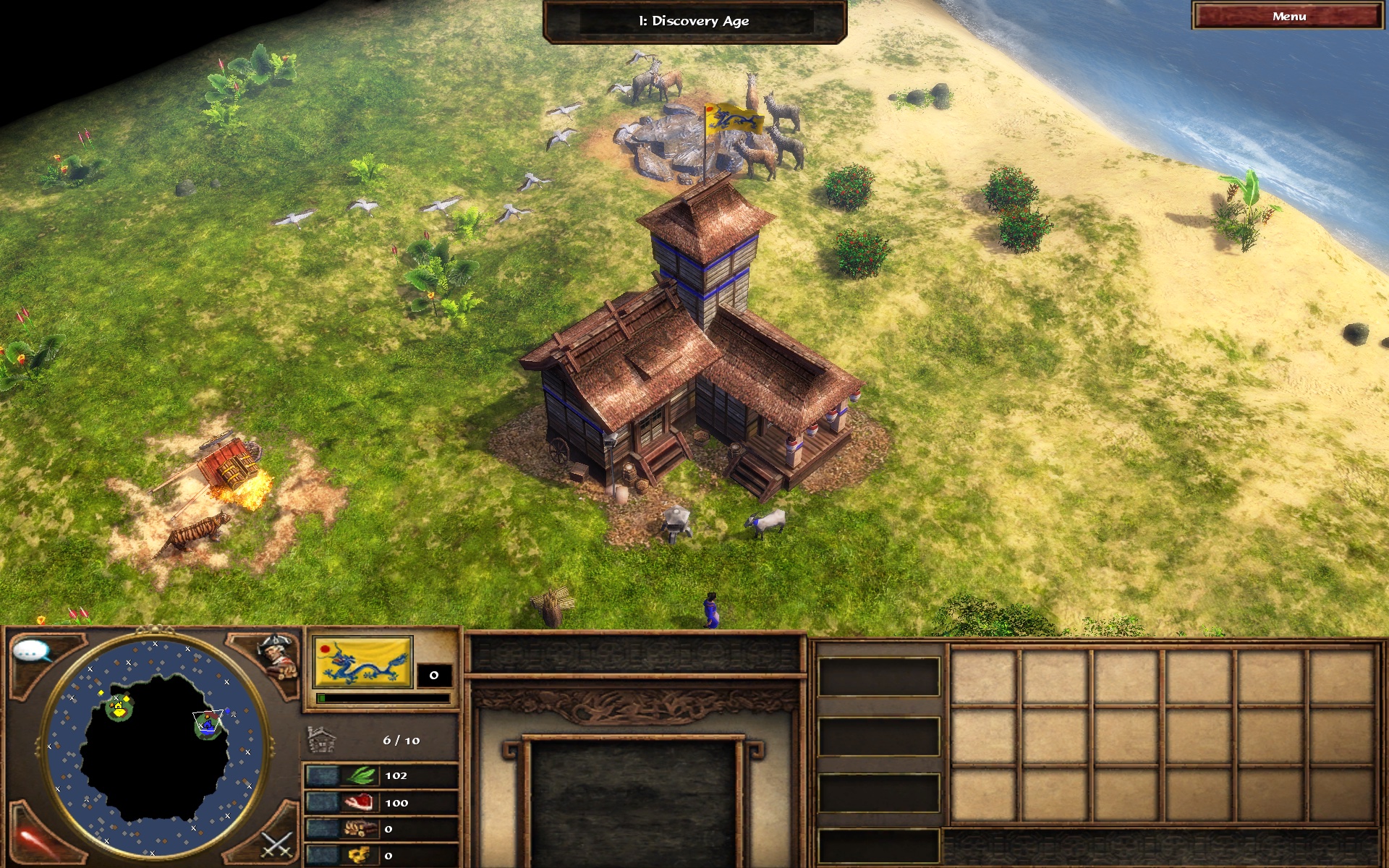A skirmish on Borneo on macOS: the Chinese town centre by the coast with the sea rendering, a settler, wildlife and birds in flight.