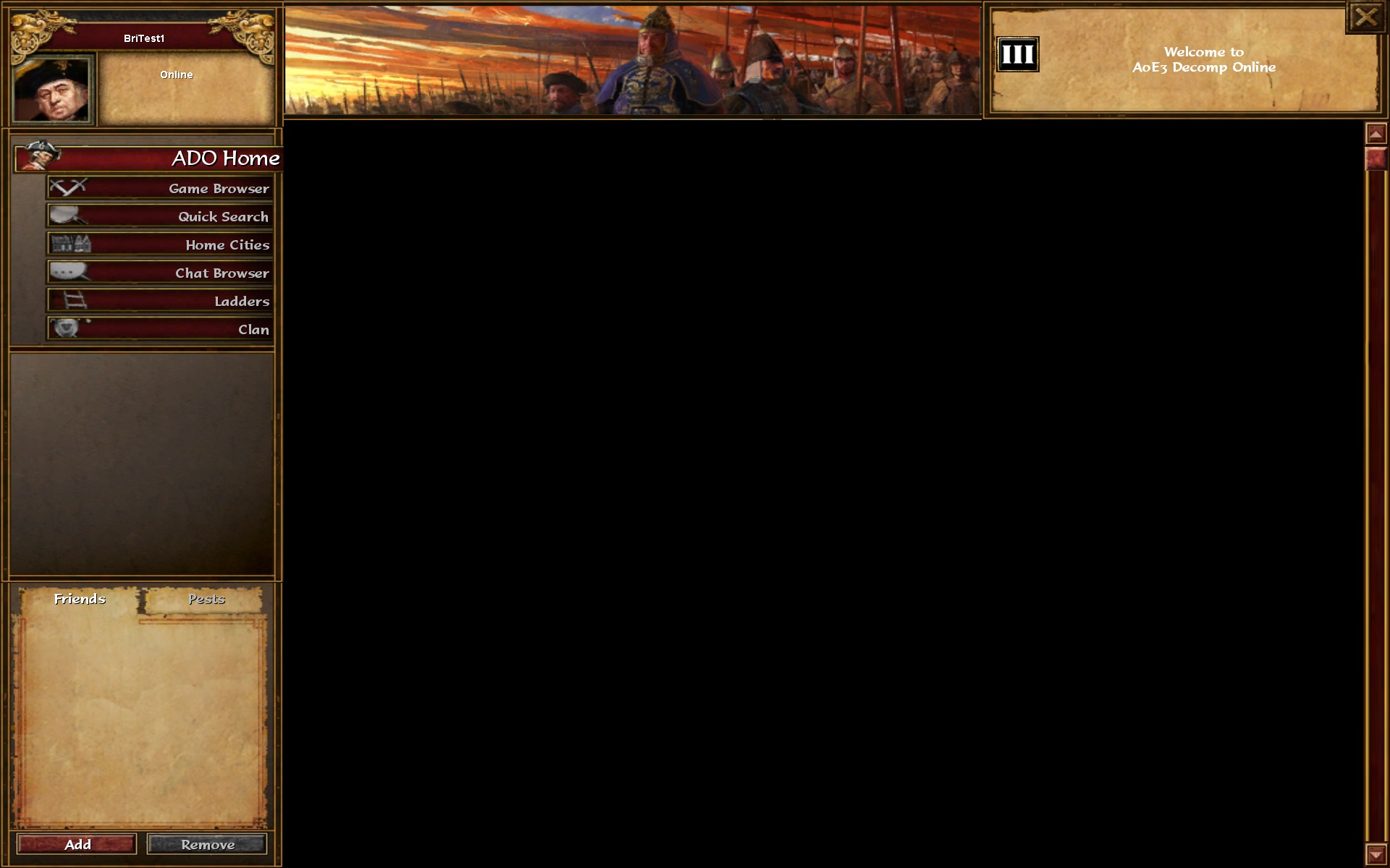 ADO Home with its black centre panel: the game only draws this page from a loose uihomepage.xml (which ESO used to download), so by the game's own code Windows shows the same black panel without one.