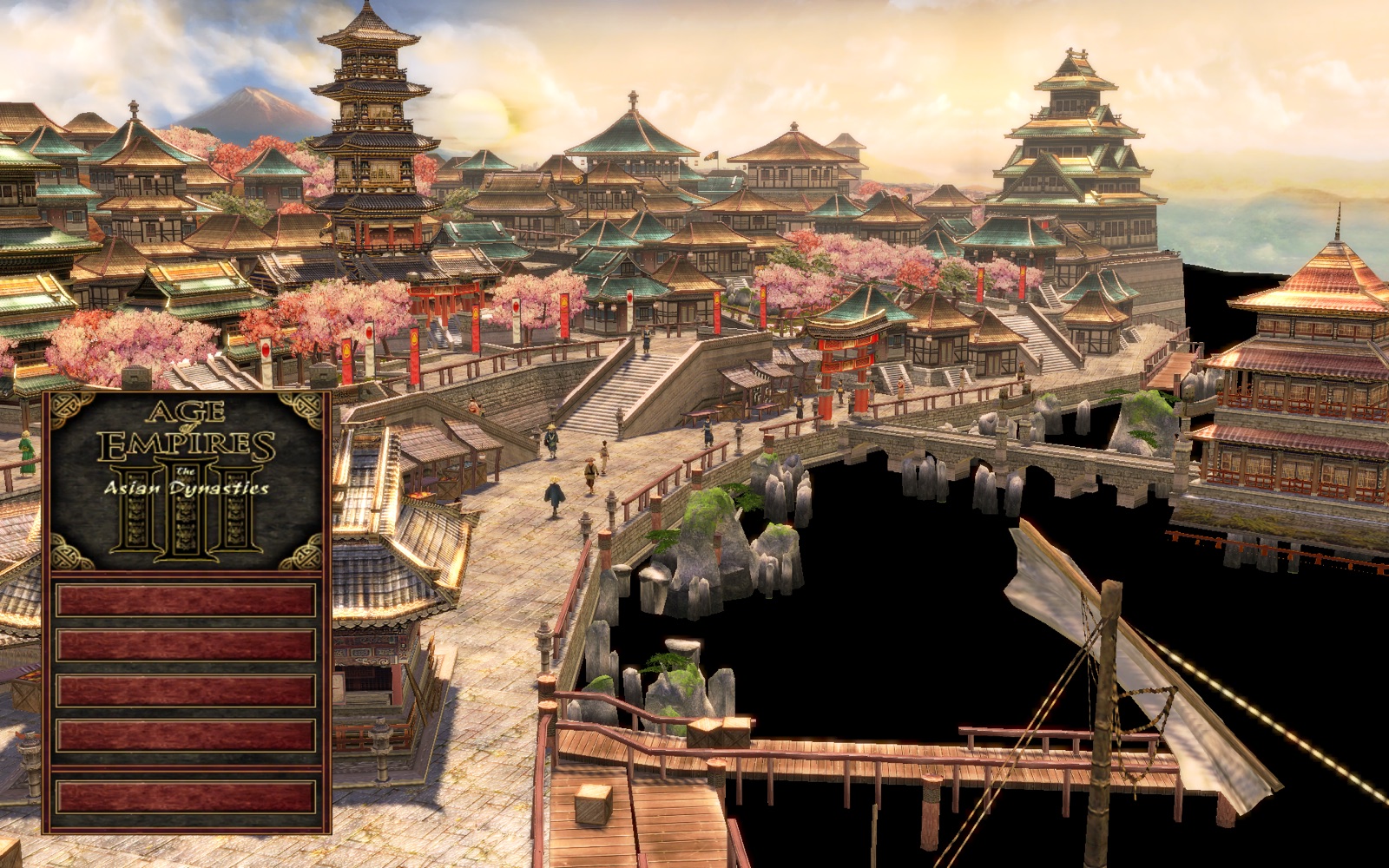The main menu running on macOS through the static recomp: the game's own home-city scene, animated, behind the menu. Water and button text are still being fixed.