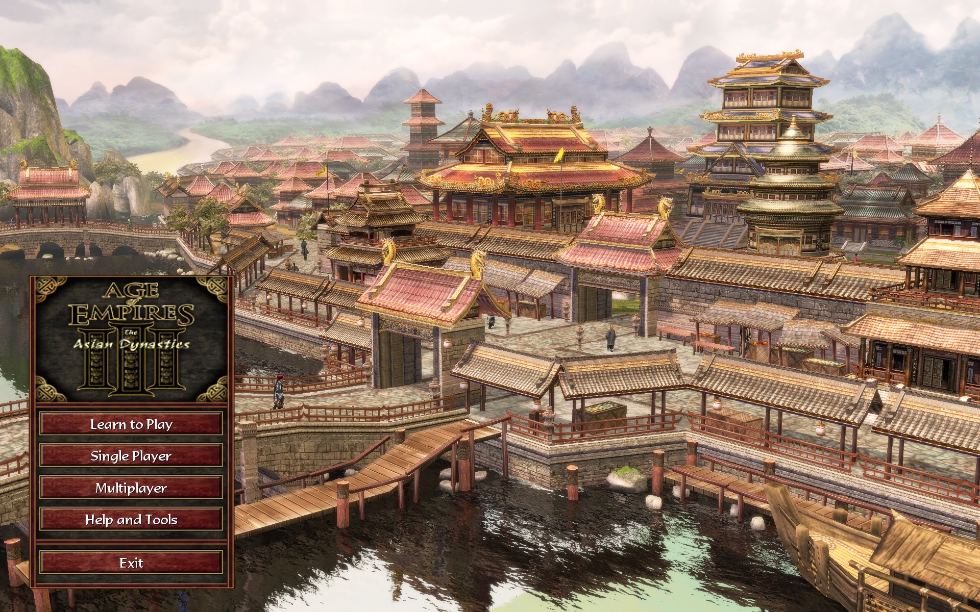 The main menu's home-city harbour on macOS with the water rendering, reflections included, on main plus PR #862 (x87 precision and flags across calls).