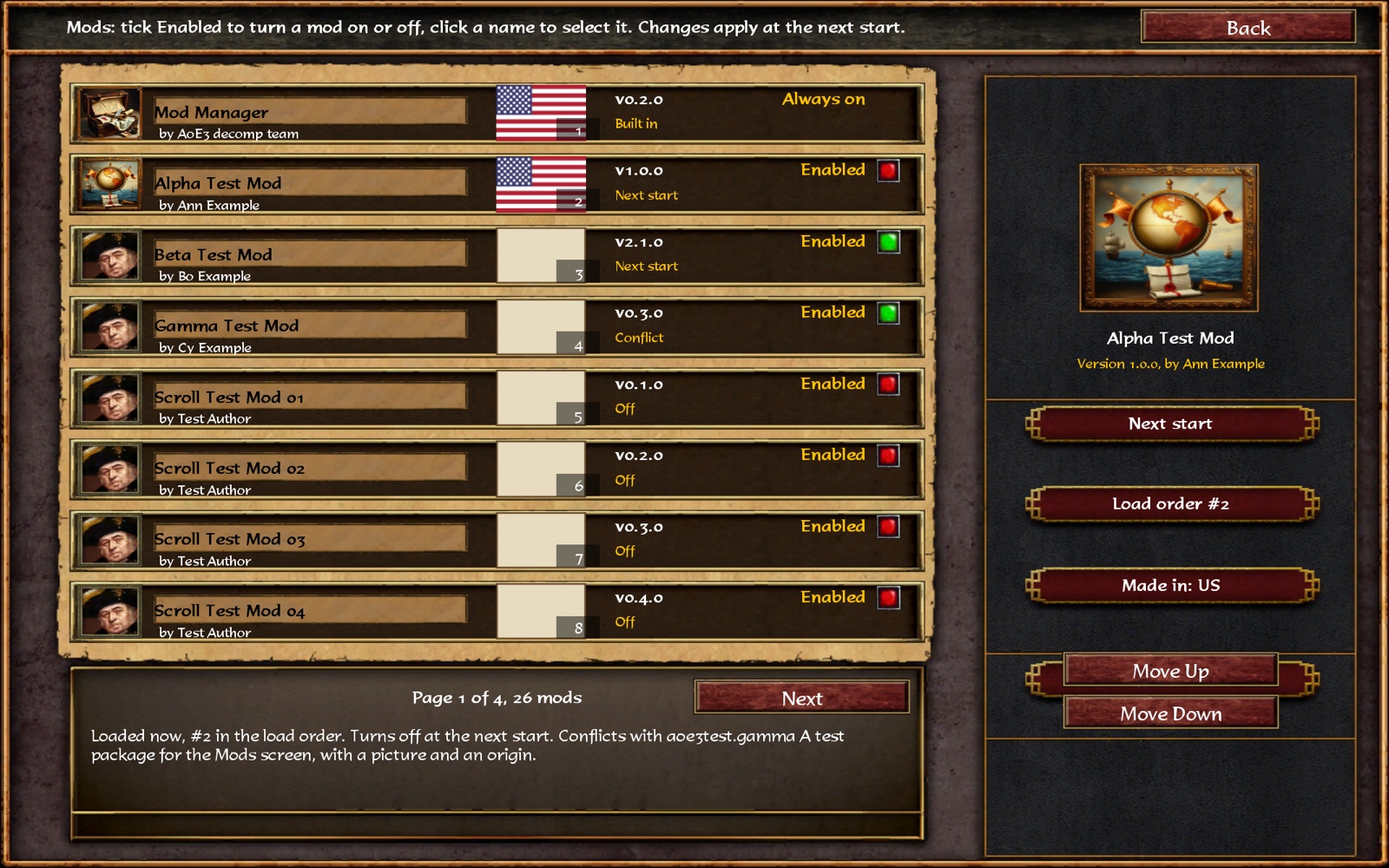 The Mods screen of the modded macOS build, opened from the main menu's Mods button: built from the game's own controls (its scrolling list with scrollbar and mouse wheel, its buttons and the About box's frame) through the game's layout loader. Columns Name, Version, Author, Enabled, Status; enable, disable and reorder apply at the next start (* marks pending changes). 25 test packages.
