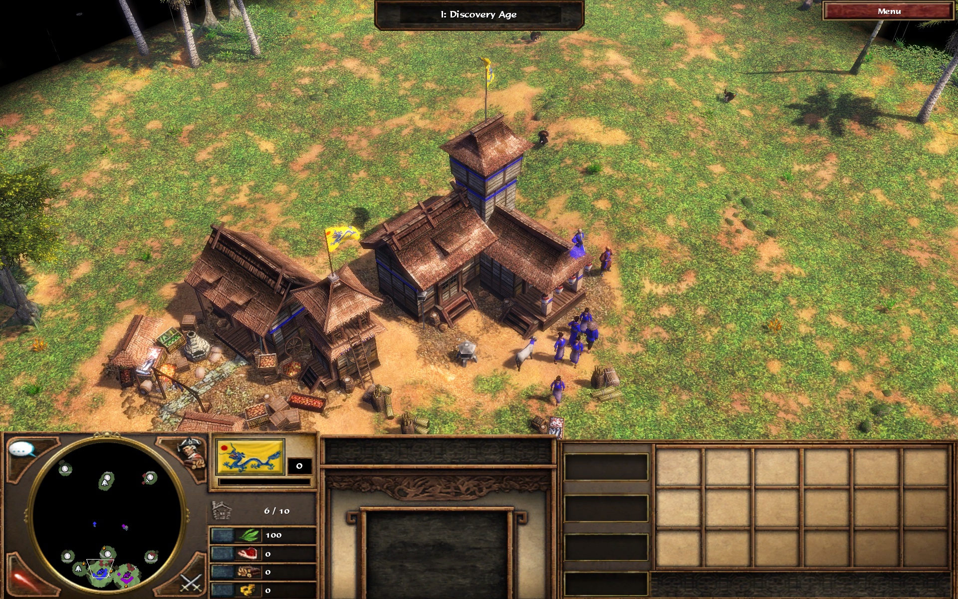 A skirmish on Amazonia started by scripted input on macOS: the Chinese town centre, settlers and the in-game HUD, rendered through the static recomp and Metal.